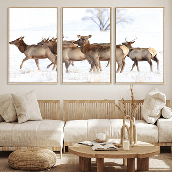 41416314-MGV-CV-36X24-Elk Wall Art – Wildlife Herd Canvas Print in Snowy Landscape, Rustic Nature Painting, Western Cabin Lodge Decor for Living Room,