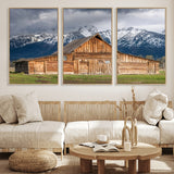15173627-MGV-FC-60X30-3P_Natural-Barn Wall Art – Rustic Wooden Cabin Canvas Print with Snowy Mountain Landscape, Western Farmhouse Country Decor for Living Room,