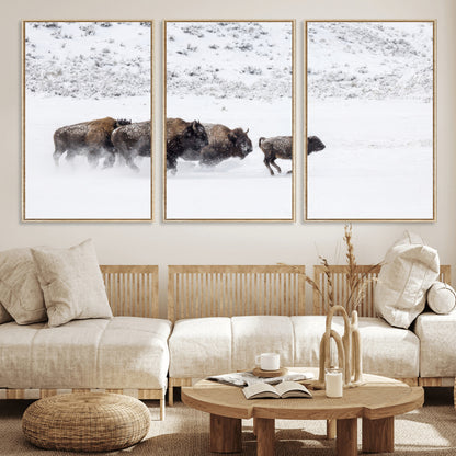61161423-MGV-FC-60X30-3P_Natural-Running Bison Herd Wall Art – Winter Buffalo Canvas Print, Wildlife Photography Decor for Rustic Living Room, Farmhouse, Lodge,