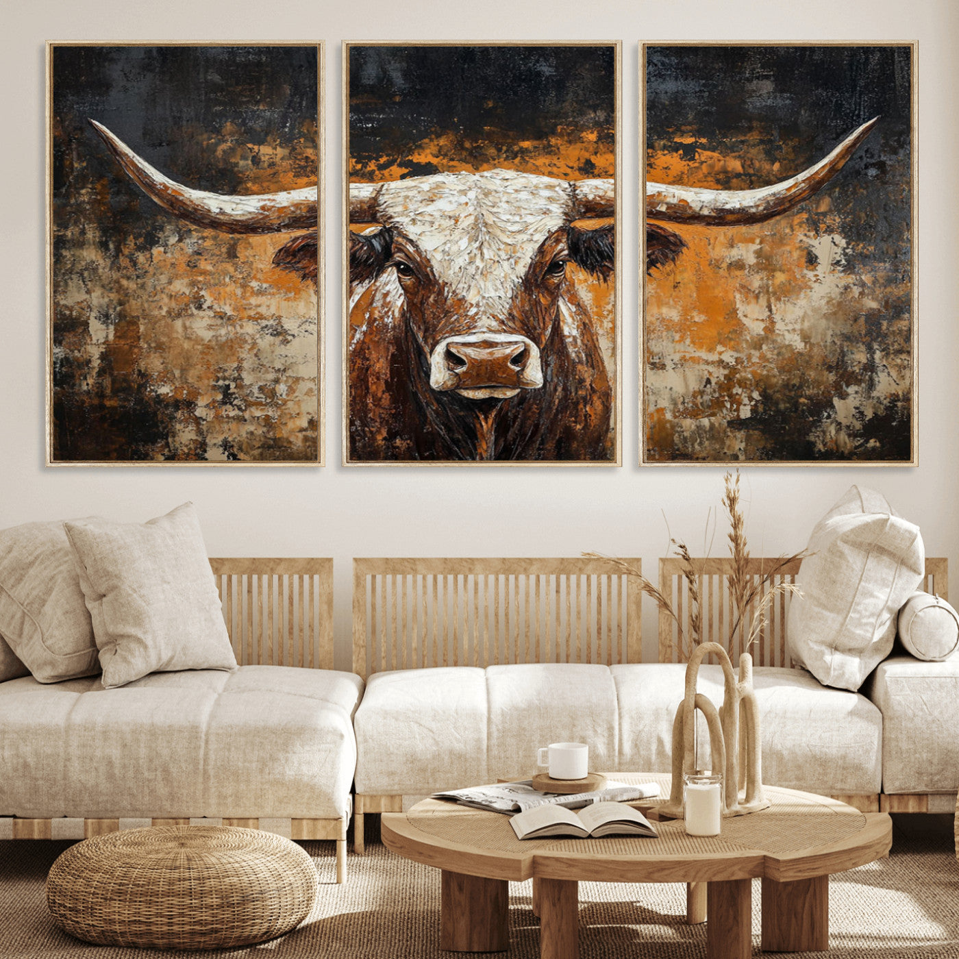 25265572-MGV-FC-60X30-3P_Natural-Longhorn Bull Wall Art – Rustic Western Texas Steer Canvas Print, Textured Animal Painting for Home, Office, Man Cave or Farmhouse