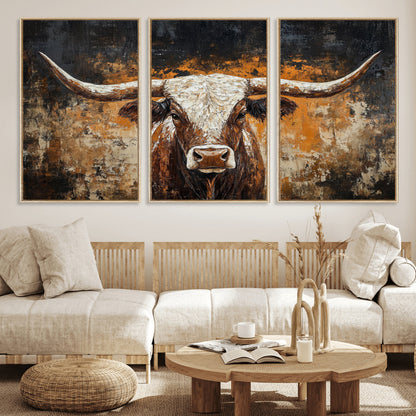25265572-MGV-FC-60X30-3P_Natural-Longhorn Bull Wall Art – Rustic Western Texas Steer Canvas Print, Textured Animal Painting for Home, Office, Man Cave or Farmhouse