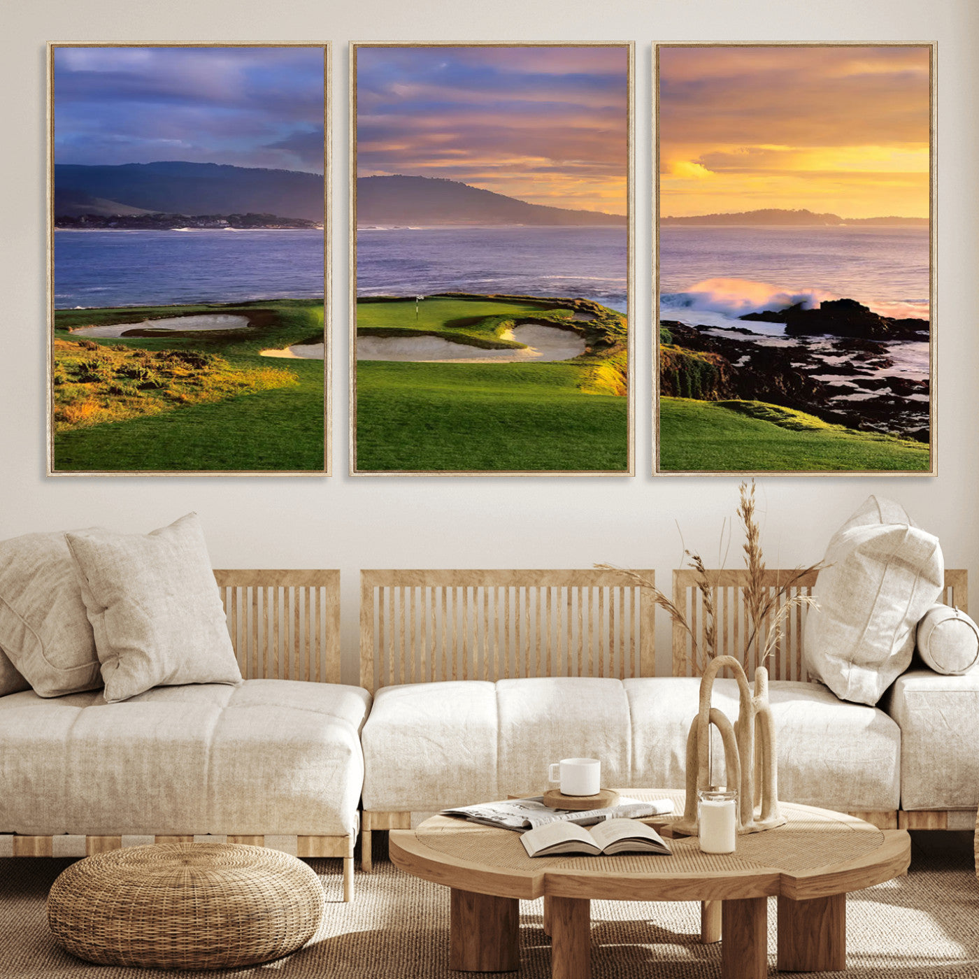 39644075-MGV-FC-60X30-3P_Natural-Golf Course Wall Art – Coastal Sunset Canvas Print, Scenic Oceanfront Fairway Landscape Decor for Office, Man Cave, or Living Room