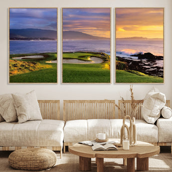 39644075-MGV-FC-60X30-3P_Natural-Golf Course Wall Art – Coastal Sunset Canvas Print, Scenic Oceanfront Fairway Landscape Decor for Office, Man Cave, or Living Room