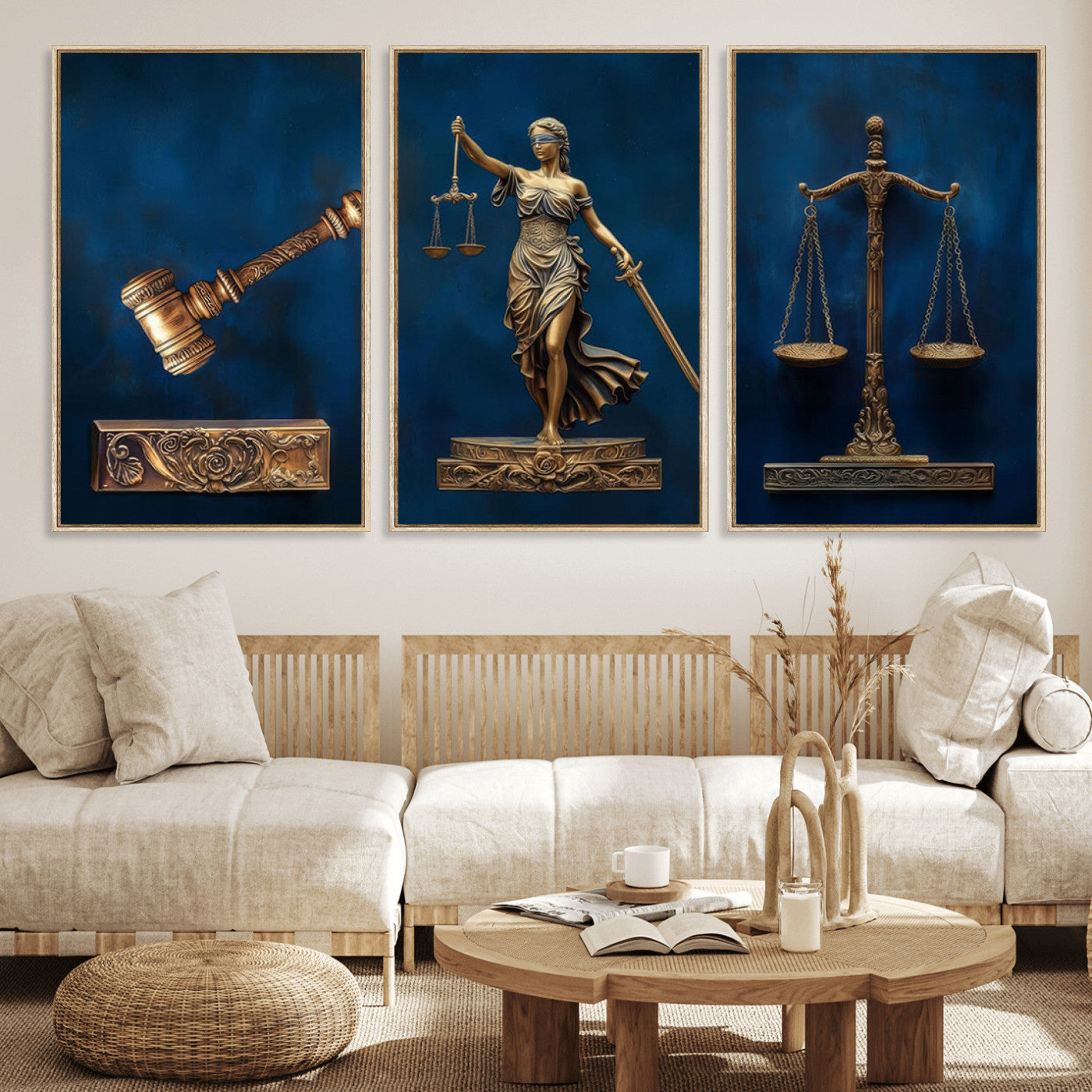 91629053-MGV-FC-60X30-3P_Natural-Lady Justice Wall Art – Golden Gavel and Scales Canvas Print, Elegant Legal Office Decor for Lawyers, Judges, Courtroom or Study