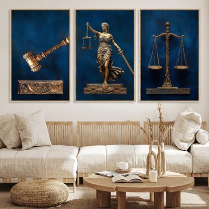 91629053-MGV-FC-60X30-3P_Natural-Lady Justice Wall Art – Golden Gavel and Scales Canvas Print, Elegant Legal Office Decor for Lawyers, Judges, Courtroom or Study