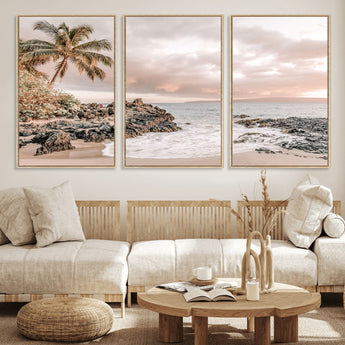 14214613-MGV-FC-60X30-3P_Natural-Tropical Beach Wall Art – Palm Tree and Ocean Sunset Canvas Print, Relaxing Coastal Landscape Decor for Living Room, Bedroom, or