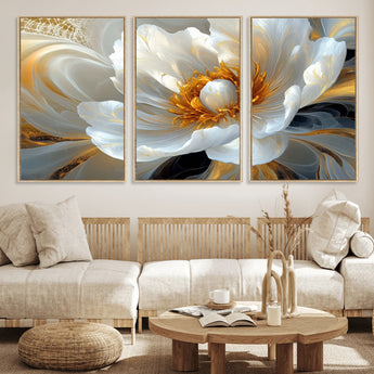 39604126-MGV-CV-36X24-Abstract Flower Wall Art – Elegant White and Gold Bloom Canvas Print, Modern Floral Artwork for Bedroom, Living Room, or Office