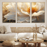 29539087-MGV-FC-60X30-3P_Natural-Floral Wall Art – Elegant White and Gold Bloom Canvas Print, Romantic Modern Flower Artwork for Bedroom, Living Room, or Office