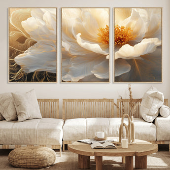 29539087-MGV-FC-60X30-3P_Natural-Floral Wall Art – Elegant White and Gold Bloom Canvas Print, Romantic Modern Flower Artwork for Bedroom, Living Room, or Office