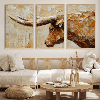 69611428-MGV-FC-60X30-3P_Natural-Longhorn Bull Wall Art – Rustic Western Canvas Print, Textured Farmhouse Cattle Painting for Living Room, Office, or Ranch House