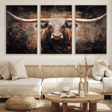 24779067-MGV-FC-60X30-3P_Natural-Longhorn Bull Wall Art – Western Rustic Canvas Print, Bold Cowboy Cattle Painting for Ranch House, Farmhouse, Office, or Living