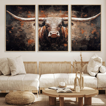 24779067-MGV-FC-60X30-3P_Natural-Longhorn Bull Wall Art – Western Rustic Canvas Print, Bold Cowboy Cattle Painting for Ranch House, Farmhouse, Office, or Living