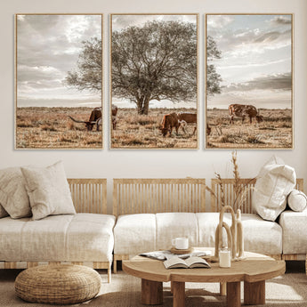 87590224-MGV-FC-60X30-3P_Natural-Longhorn Cattle Wall Art – Rustic Western Landscape Canvas Print, Texas Farmhouse Prairie Scene for Living Room, Office, or Ranch