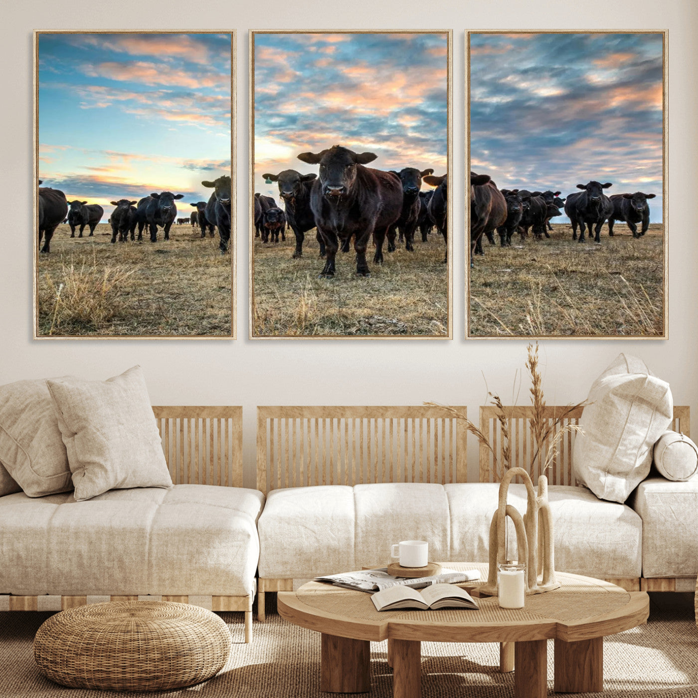 13867292-MGV-FC-60X30-3P_Natural-Black Cattle Wall Art – Rustic Ranch Herd Canvas Print, Western Farmhouse Country Landscape Decor for Living Room, Office, or