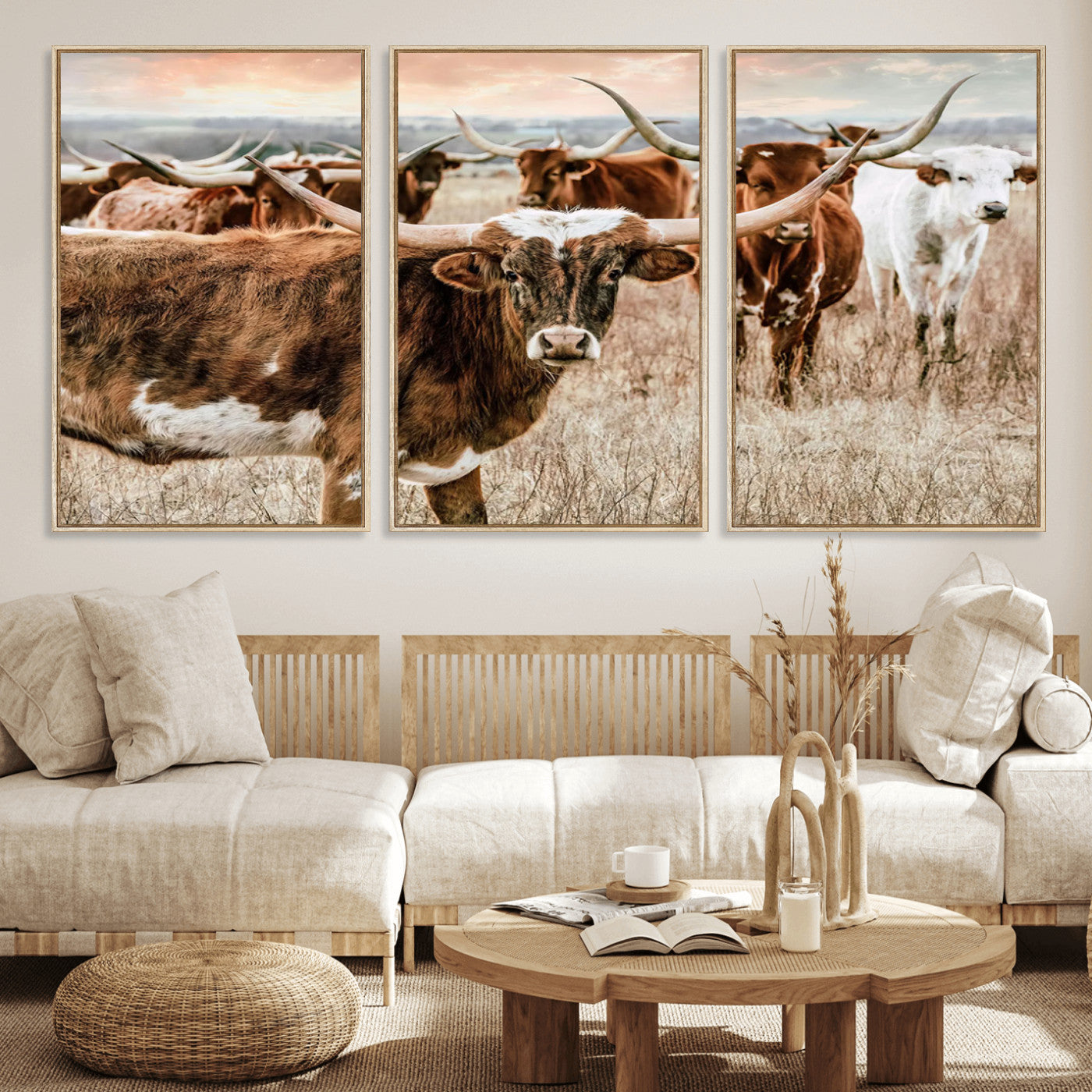 47758300-MGV-FC-60X30-3P_Natural-Texas Longhorn Cattle Wall Art – Rustic Western Herd Canvas Print, Cowboy Ranch Farmhouse Decor for Living Room, Office, or
