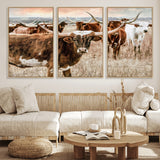 47758300-MGV-FC-60X30-3P_Natural-Texas Longhorn Cattle Wall Art – Rustic Western Herd Canvas Print, Cowboy Ranch Farmhouse Decor for Living Room, Office, or