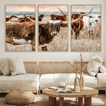 47758300-MGV-FC-60X30-3P_Natural-Texas Longhorn Cattle Wall Art – Rustic Western Herd Canvas Print, Cowboy Ranch Farmhouse Decor for Living Room, Office, or