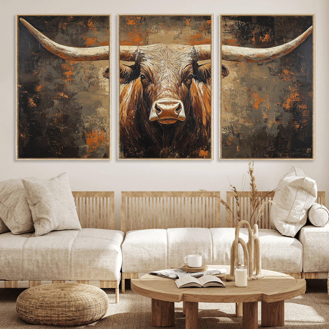 19204445-MGV-FC-60X30-3P_Natural-Texas Longhorn Bull Wall Art – Rustic Western Canvas Print, Bold Cowboy Cattle Painting for Ranch House, Farmhouse, Office, or