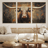 19204445-MGV-FC-60X30-3P_Natural-Texas Longhorn Bull Wall Art – Rustic Western Canvas Print, Bold Cowboy Cattle Painting for Ranch House, Farmhouse, Office, or