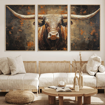 19204445-MGV-FC-60X30-3P_Natural-Texas Longhorn Bull Wall Art – Rustic Western Canvas Print, Bold Cowboy Cattle Painting for Ranch House, Farmhouse, Office, or