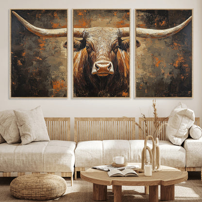 19204445-MGV-FC-60X30-3P_Natural-Texas Longhorn Bull Wall Art – Rustic Western Canvas Print, Bold Cowboy Cattle Painting for Ranch House, Farmhouse, Office, or