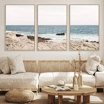 25481980-MGV-FC-60X30-3P_Natural-Ocean Coastal Wall Art – Rocky Shoreline and Waves Canvas Print, Serene Beach Landscape Decor for Living Room, Bedroom, or Office