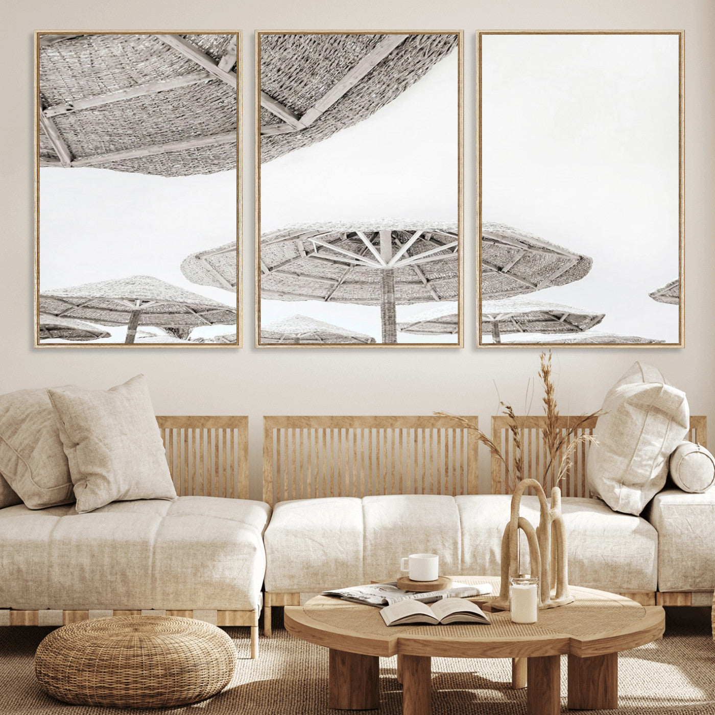 97043123-MGV-FC-60X30-3P_Natural-Beach Umbrella Wall Art – Minimalist Coastal Canvas Print, Woven Parasol Summer Decor for Bedroom, Living Room, or Modern Beach