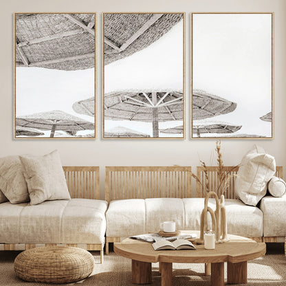 97043123-MGV-FC-60X30-3P_Natural-Beach Umbrella Wall Art – Minimalist Coastal Canvas Print, Woven Parasol Summer Decor for Bedroom, Living Room, or Modern Beach