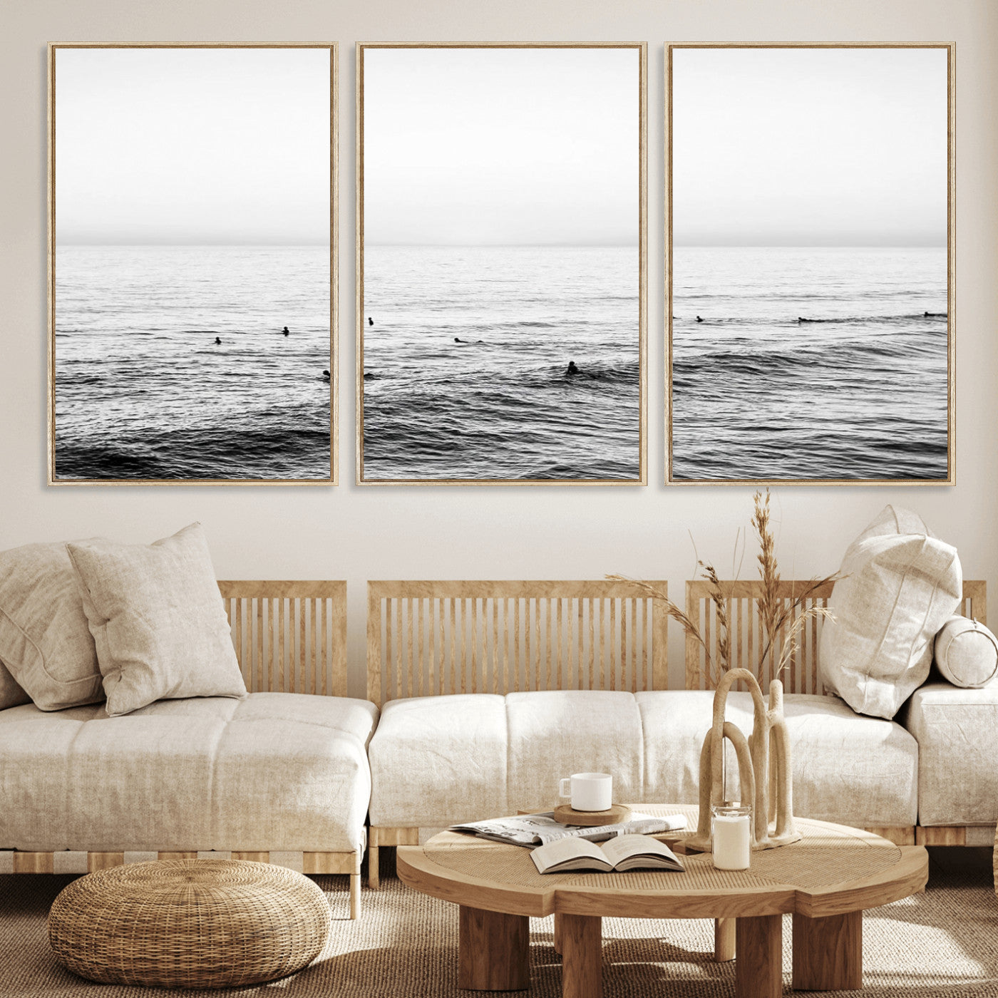 47208268-MGV-CV-36X24-Surfer Ocean Wall Art – Black and White Coastal Canvas Print, Minimalist Surfing Seascape Decor for Living Room, Bedroom, or Beach