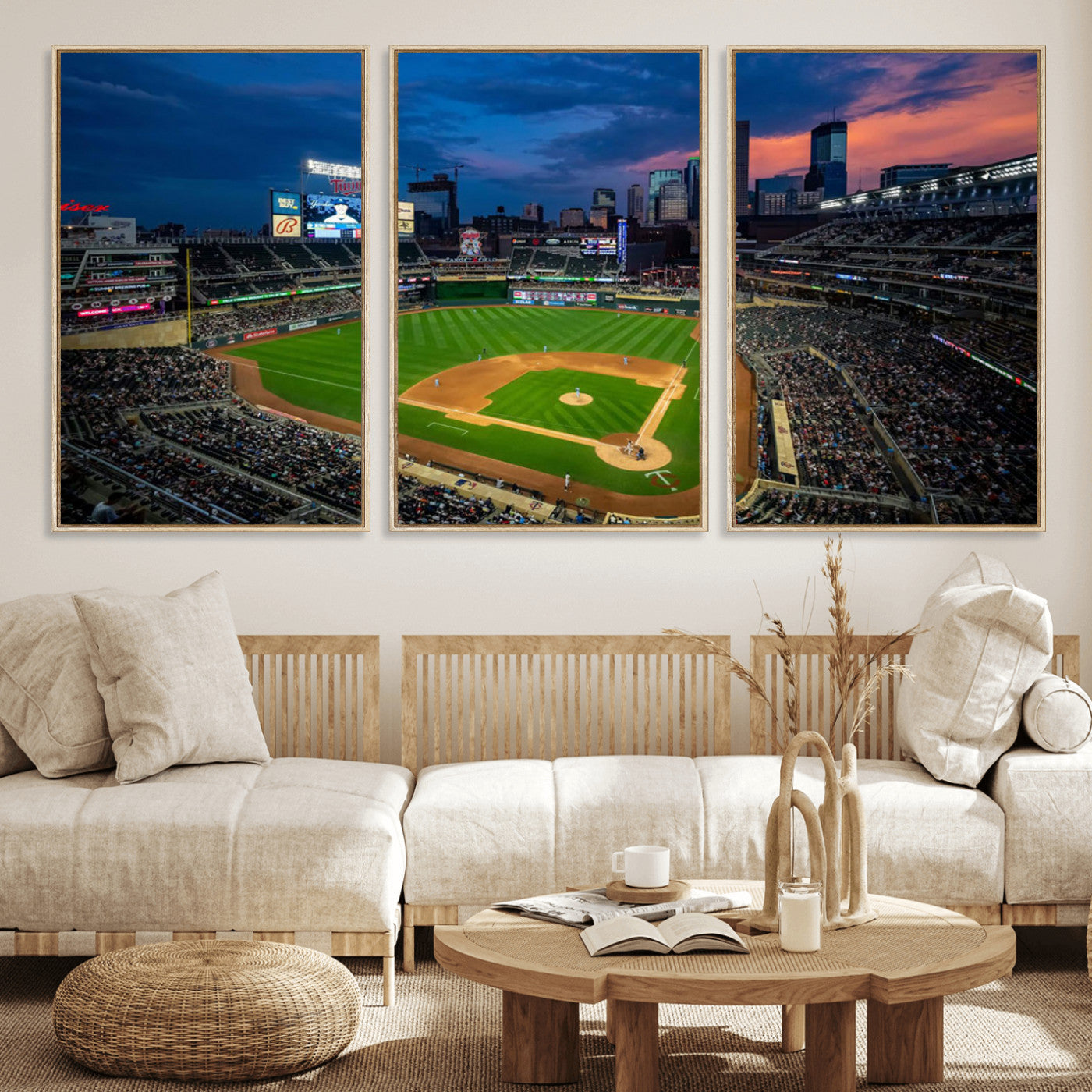 68222753-MGV-FC-60X30-3P_Natural-Baseball Stadium Wall Art – Panoramic Night Game Canvas Print, Sports Decor for Man Cave, Office, Bar, or Living Room
