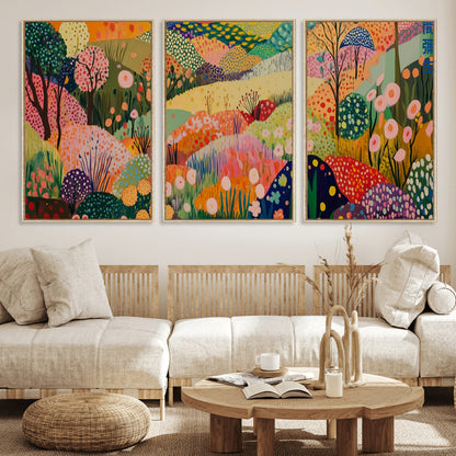 79636380-MGV-FC-60X30-3P_Natural-Colorful Abstract Landscape Wall Art – Vibrant Hills and Flowers Canvas Print, Modern Whimsical Artwork for Living Room, Bedroom,