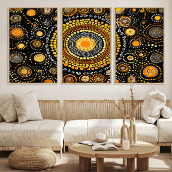 45478523-MGV-CV-36X24-Abstract Circle Wall Art – Bold Black and Gold Dot Painting Canvas Print, Modern Geometric Mandala Style Decor for Living Room or