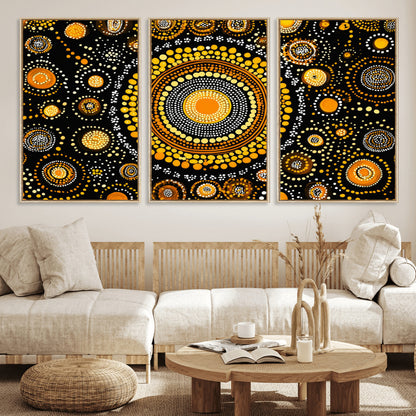 45478523-MGV-CV-36X24-Abstract Circle Wall Art – Bold Black and Gold Dot Painting Canvas Print, Modern Geometric Mandala Style Decor for Living Room or