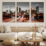 59097239-MGV-FC-60X30-3P_Natural-City Skyline Wall Art – Modern Black and White Night Canvas Print with Red Light Trails, Urban Landscape Decor for Living Room or