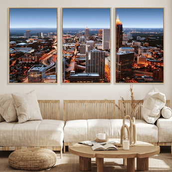 25096967-MGV-FC-60X30-3P_Natural-Atlanta Skyline Wall Art – Vibrant Cityscape Canvas Print, Modern Night Lights Urban Decor for Office, Living Room, or Apartment