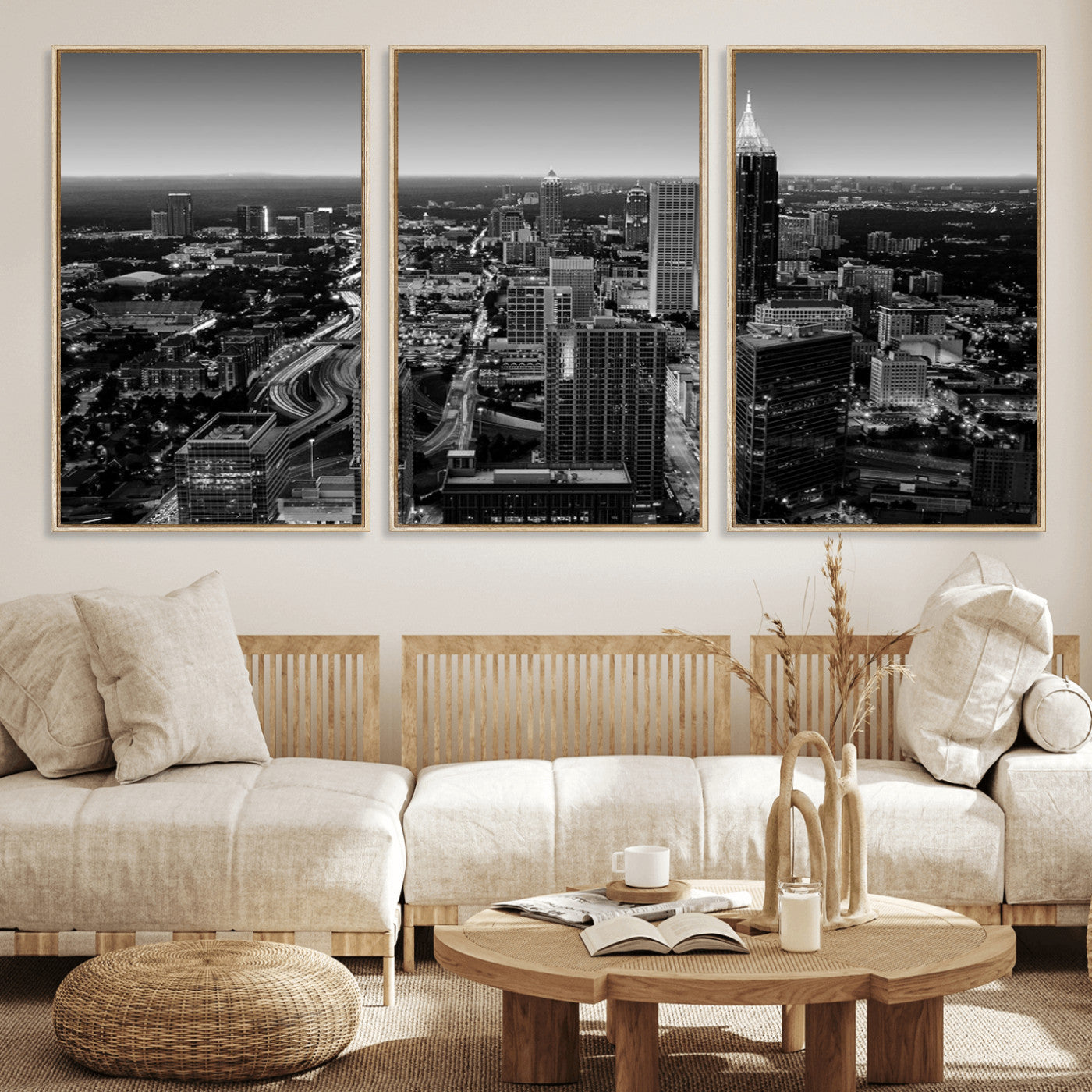 46578567-MGV-CV-36X24-Atlanta Skyline Wall Art – Black and White Cityscape Canvas Print, Modern Urban Night Decor for Office, Living Room, or Apartment