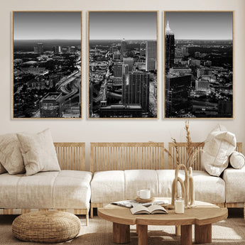 46578567-MGV-CV-36X24-Atlanta Skyline Wall Art – Black and White Cityscape Canvas Print, Modern Urban Night Decor for Office, Living Room, or Apartment
