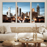 23859158-MGV-FC-60X30-3P_Natural-Atlanta Skyline Wall Art – Modern Cityscape Canvas Print with Night Lights and Traffic Trails, Urban Decor for Office, Apartment,