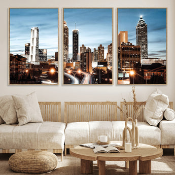 23859158-MGV-FC-60X30-3P_Natural-Atlanta Skyline Wall Art – Modern Cityscape Canvas Print with Night Lights and Traffic Trails, Urban Decor for Office, Apartment,