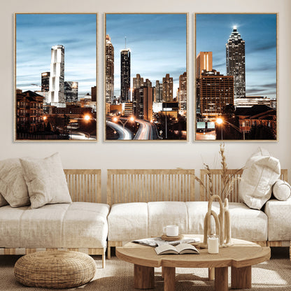 23859158-MGV-FC-60X30-3P_Natural-Atlanta Skyline Wall Art – Modern Cityscape Canvas Print with Night Lights and Traffic Trails, Urban Decor for Office, Apartment,
