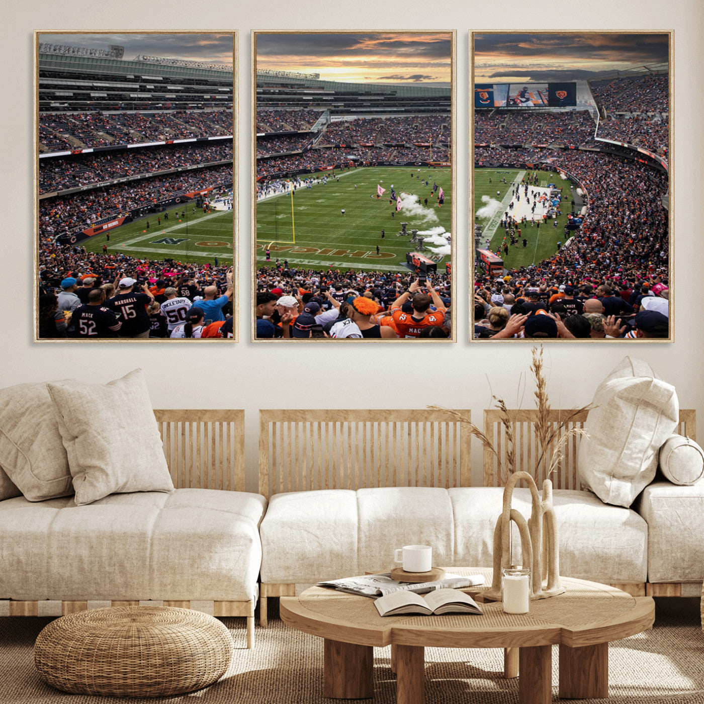 87578930-MGV-FC-60X30-3P_Natural-Soldier Field Wall Art – Chicago Bears Football Stadium Sunset Canvas Print, Game Day Sports Decor for Man Cave, Bar, Office, or