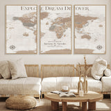 63516865-MGV-FC-60X30-3P_Natural-Explore Dream Discover World Map Wall Art – Inspirational Travel Adventure Canvas Print, Neutral Parchment Style Explorer Decor