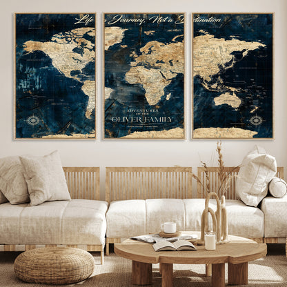 36970886-MGV-FC-60X30-3P_Natural-Life is a Journey Not a Destination World Map Rustic Navy Beige Vintage Travel Wall Art Adventure Quote Canvas Print for Home