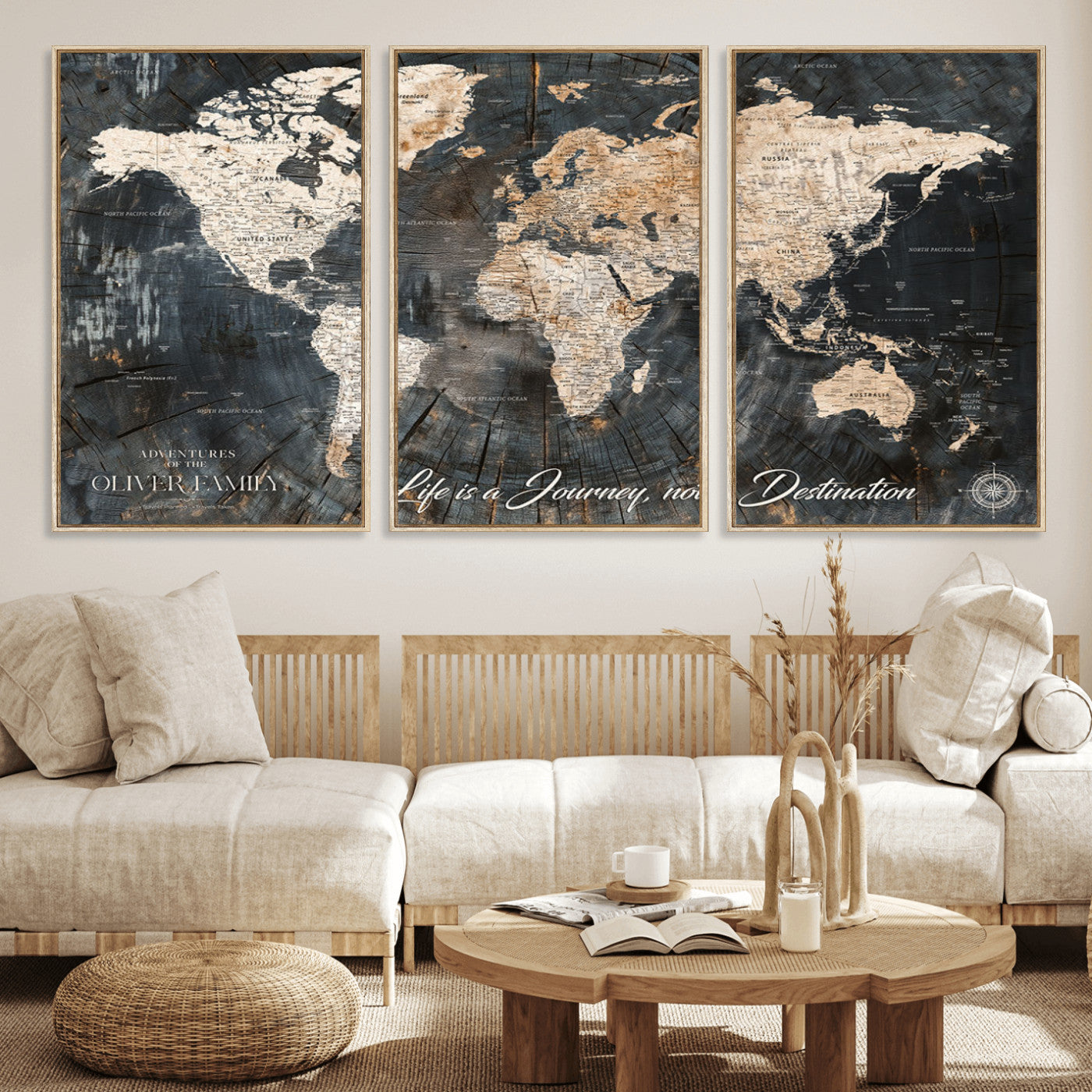 37848568-MGV-FC-60X30-3P_Natural-Life is a Journey Not a Destination World Map Rustic Wood Texture Vintage Beige Navy Adventure Wall Art Canvas Print for Home
