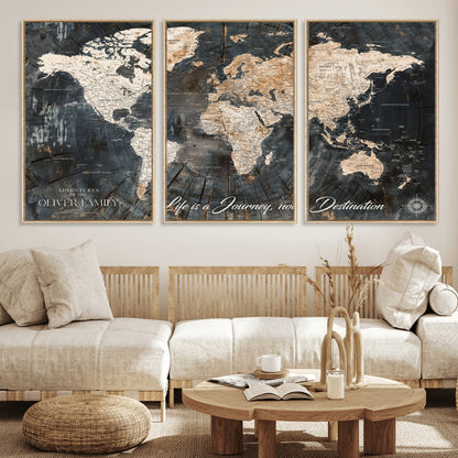37848568-MGV-FC-60X30-3P_Natural-Life is a Journey Not a Destination World Map Rustic Wood Texture Vintage Beige Navy Adventure Wall Art Canvas Print for Home