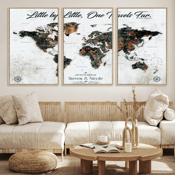 88337180-MGV-FC-60X30-3P_Natural-Little by Little One Travels Far Tolkien Quote World Map Rustic Black Brown Adventure Wall Art Canvas Print for Home Office Living