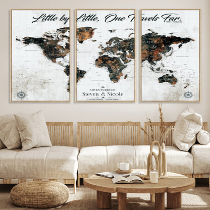 88337180-MGV-FC-60X30-3P_Natural-Little by Little One Travels Far Tolkien Quote World Map Rustic Black Brown Adventure Wall Art Canvas Print for Home Office Living
