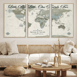 10693204-MGV-FC-60X30-3P_Natural-Little By Little One Travels Far Tolkien Quote Blue Green World Map Adventure Wall Art Canvas Print Rustic Wanderlust Travel Decor