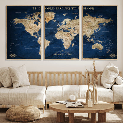 54782997-MGV-FC-60X30-3P_Natural-The World is Ours to Explore Wall Art – Blue World Map Canvas Print, Adventure Travel Decor for Home, Office or Living Room,