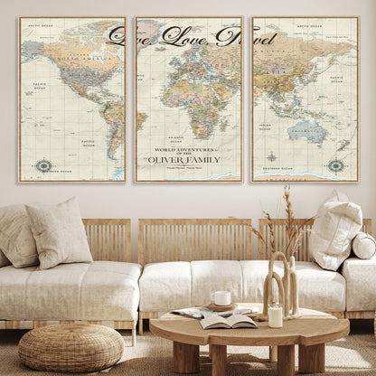 19479008-MGV-FC-60X30-3P_Natural-Live Love Travel Wall Art – Detailed World Map Canvas Print, Adventure Decor for Living Room, Office or Bedroom, Travel Gift for